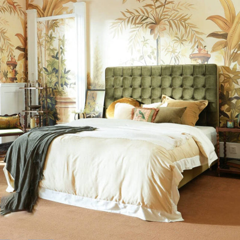 Velvet Sustainable Solid Wood Bed Frame - Vintage Cottage Olive Green Tufted Design Lumendat