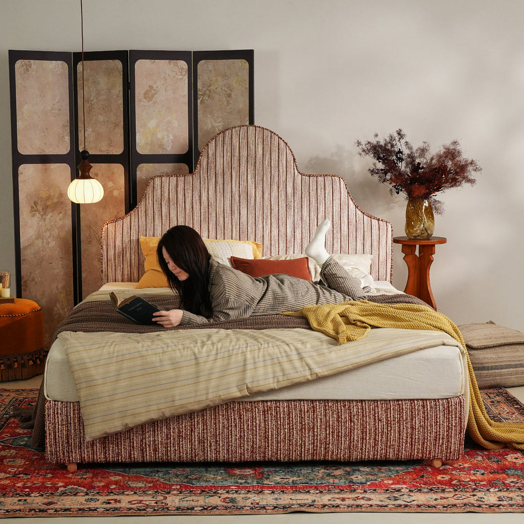 Detachable Dual-Tone Leather & Fabric Covers - Elegant French Curved Headboard Bed Frame For Your Bedroom Lumendat