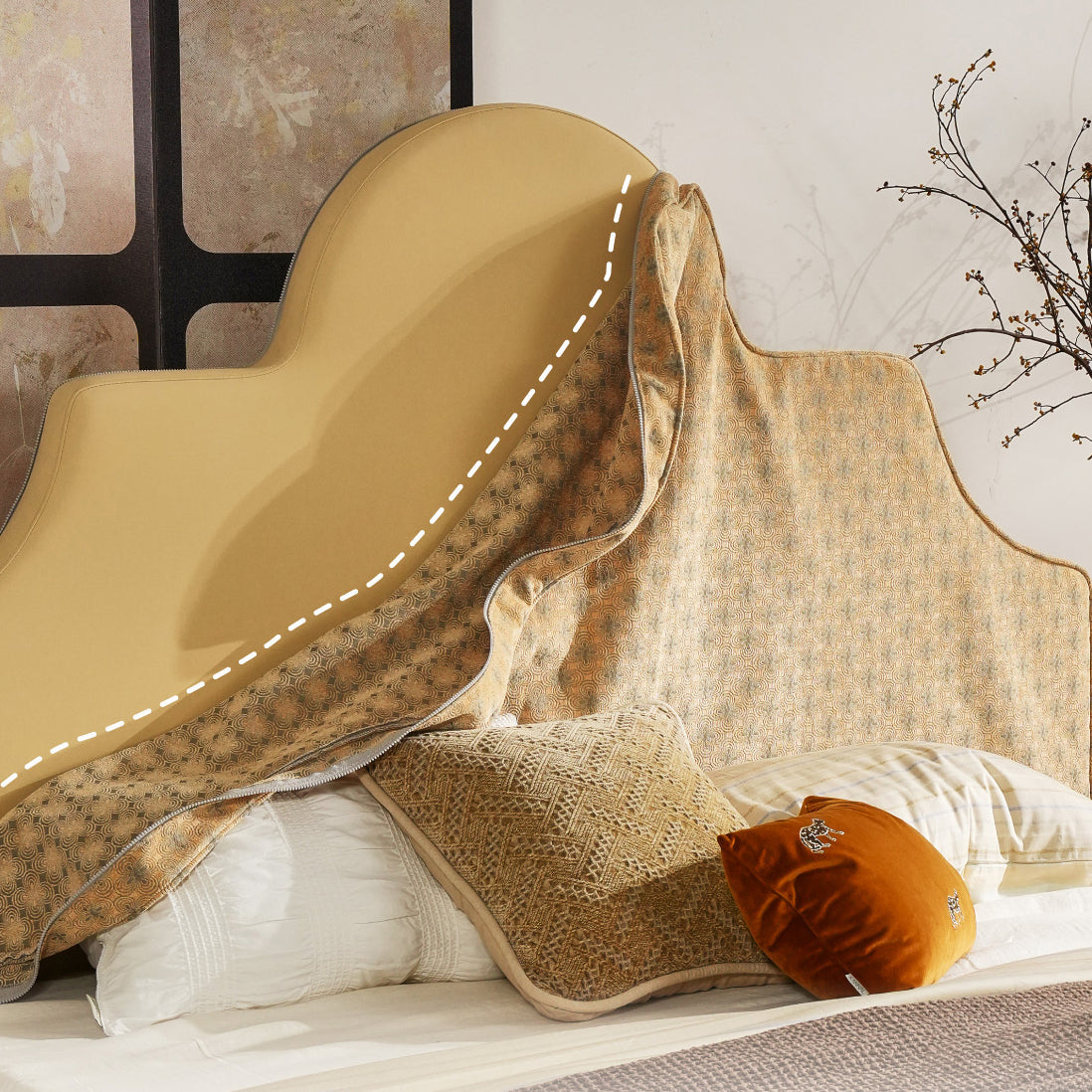 Detachable Dual-Tone Leather & Fabric Covers - Elegant French Curved Headboard Bed Frame For Your Bedroom Lumendat