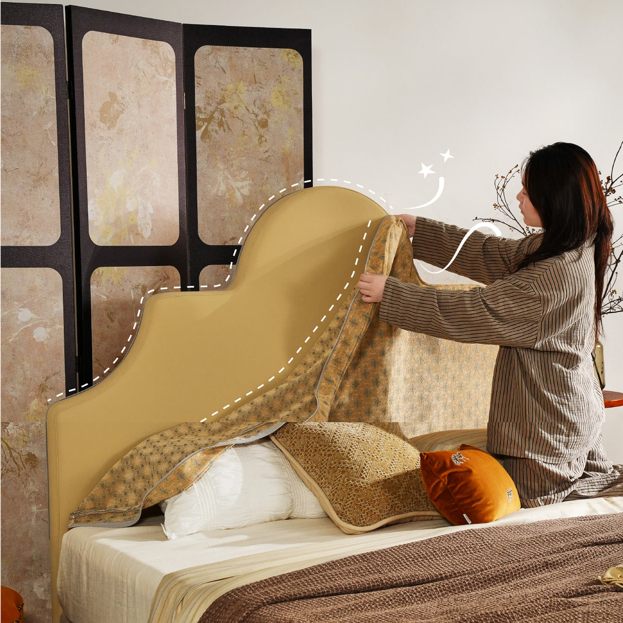 Detachable Dual-Tone Leather & Fabric Covers - Elegant French Curved Headboard Bed Frame For Your Bedroom Lumendat