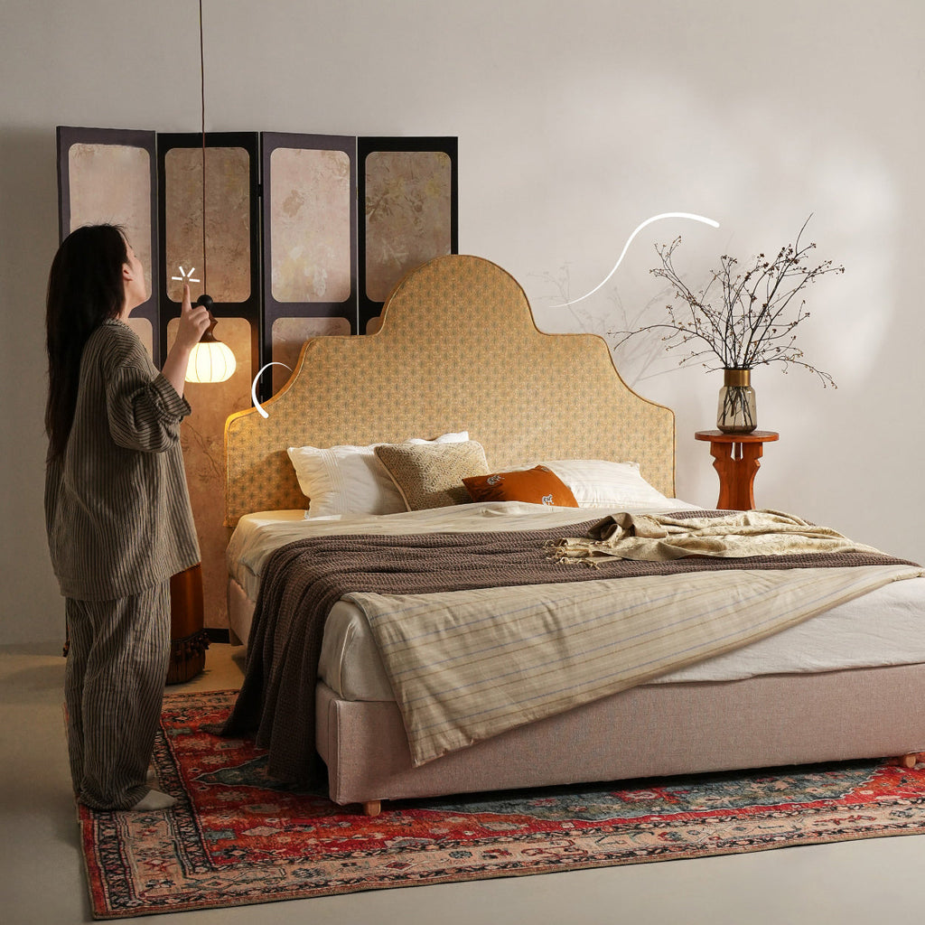 Detachable Dual-Tone Leather & Fabric Covers - Elegant French Curved Headboard Bed Frame For Your Bedroom Lumendat
