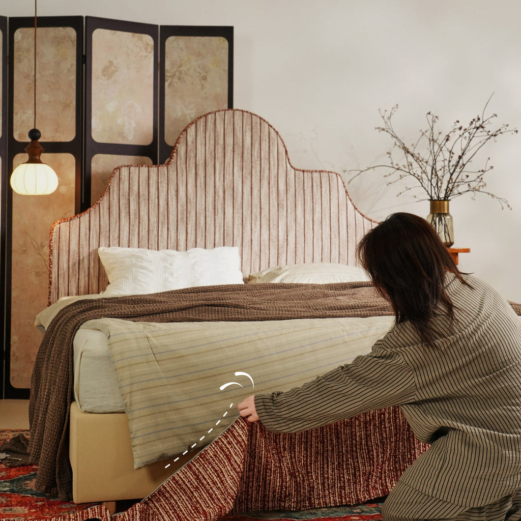 Detachable Dual-Tone Leather & Fabric Covers - Elegant French Curved Headboard Bed Frame For Your Bedroom Lumendat