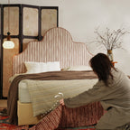 Detachable Dual-Tone Leather & Fabric Covers - Elegant French Curved Headboard Bed Frame For Your Bedroom Lumendat