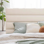 Elegant Pearl Microfiber Leather Upholstered Headboard Bed Frame - Luxury Refined Smooth Edges Bed For Your Bedroom Lumendat