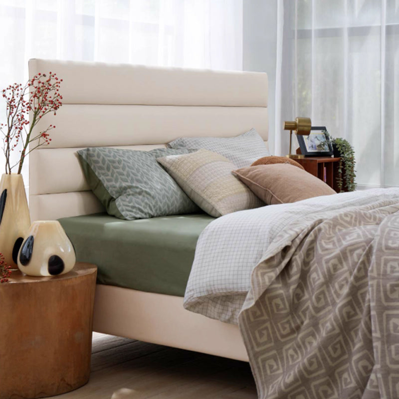 Elegant Pearl Microfiber Leather Upholstered Headboard Bed Frame - Luxury Refined Smooth Edges Bed For Your Bedroom Lumendat