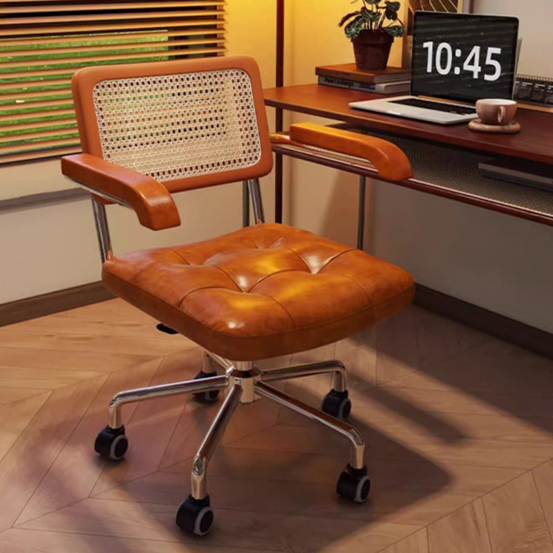 Modern Minimalist Rectangular Rattan Solid Wood Steel Oil-Waxed Leather Desk Chair Backrest Armrest For Home Office DFM-F
