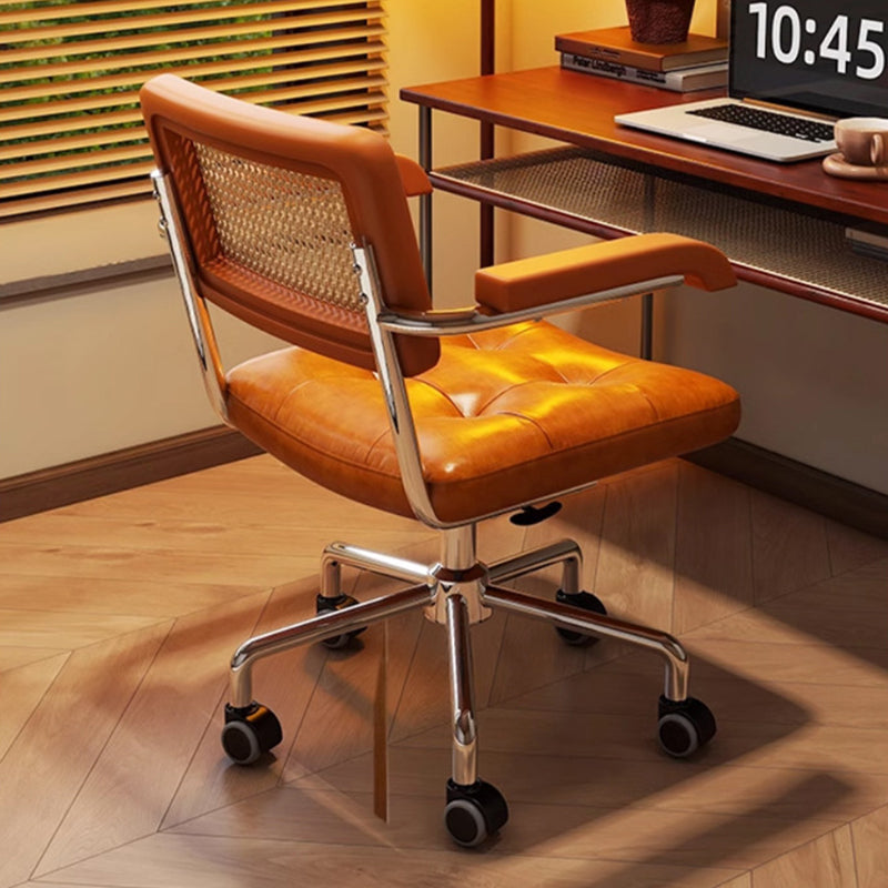 Modern Minimalist Rectangular Rattan Solid Wood Steel Oil-Waxed Leather Desk Chair Backrest Armrest For Home Office DFM-F