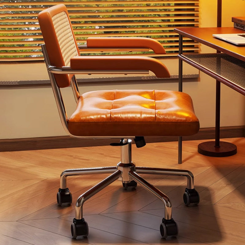 Modern Minimalist Rectangular Rattan Solid Wood Steel Oil-Waxed Leather Desk Chair Backrest Armrest For Home Office DFM-F