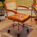 Modern Minimalist Rectangular Rattan Solid Wood Steel Oil-Waxed Leather Desk Chair Backrest Armrest For Home Office DFM-F