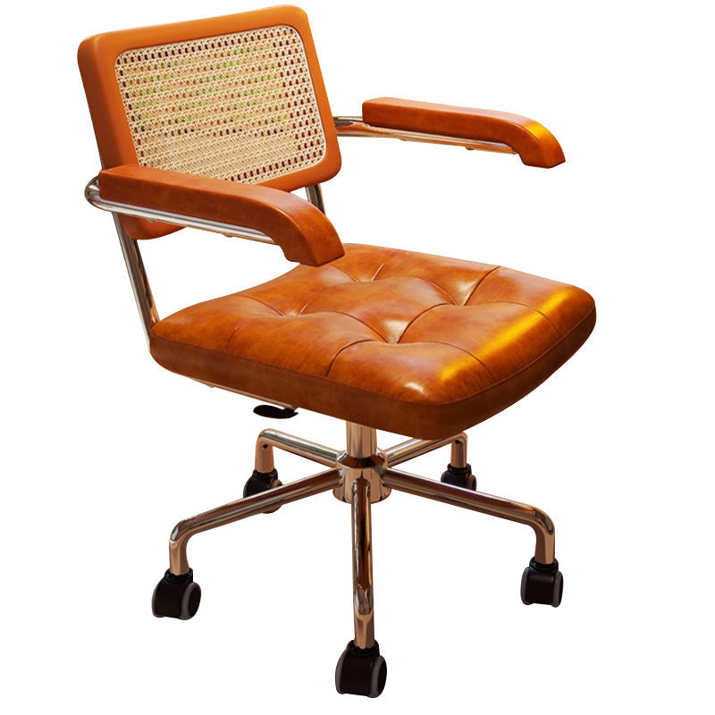 Modern Minimalist Rectangular Rattan Solid Wood Steel Oil-Waxed Leather Desk Chair Backrest Armrest For Home Office DFM-F