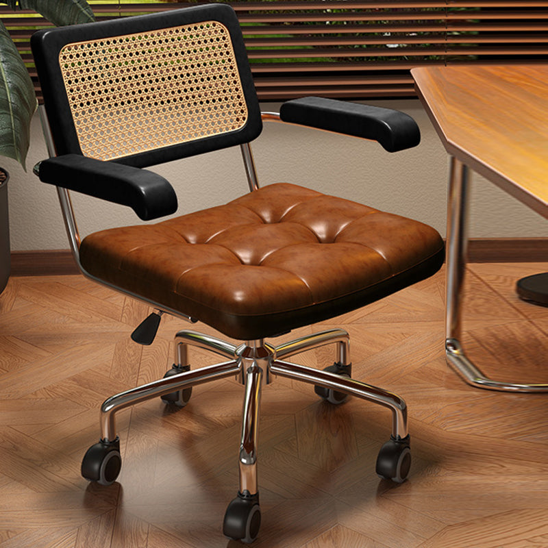 Modern Minimalist Rectangular Rattan Solid Wood Steel Oil-Waxed Leather Desk Chair Backrest Armrest For Home Office DFM-F