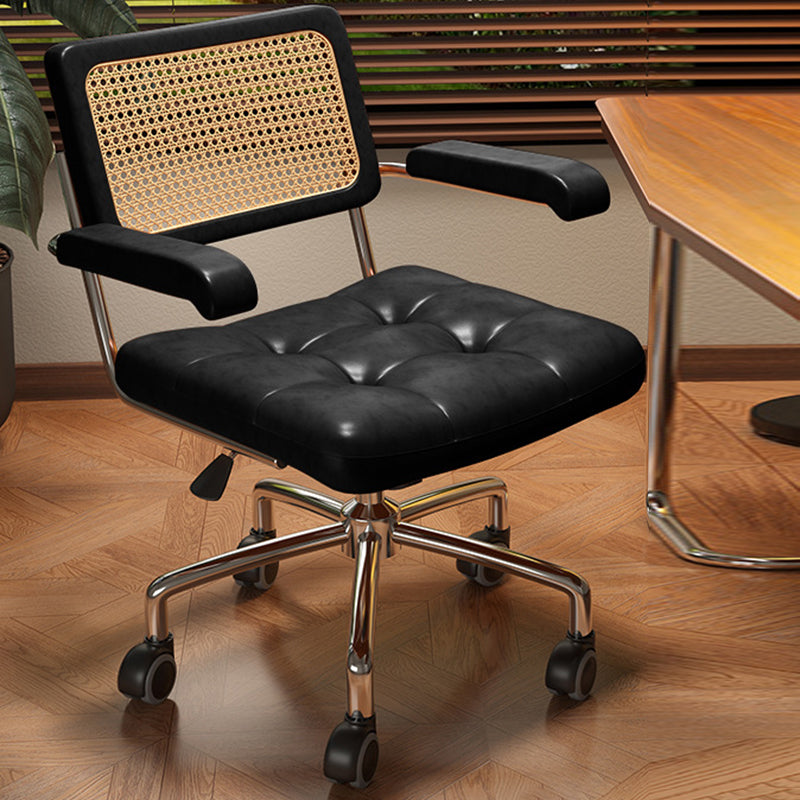Modern Minimalist Rectangular Rattan Solid Wood Steel Oil-Waxed Leather Desk Chair Backrest Armrest For Home Office DFM-F