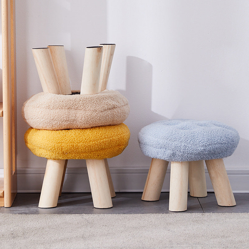 Lumendat Contemporary Creative Round Cookie-Shaped Teddy Plush Solid Pine Wood Kids Low Stool Backless Armless For Living Room Lumendat
