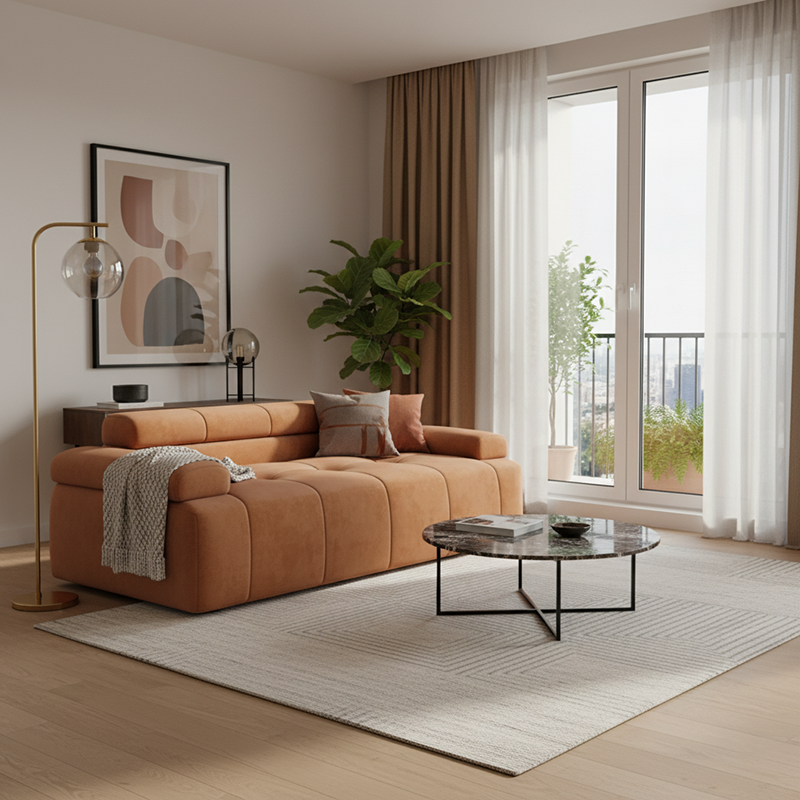 Contemporary Scandinavian High-Resilience Foam Velvet Compressed Sofa - Rectangular Modular Low-Profile Sofa For Living Room Lumendat