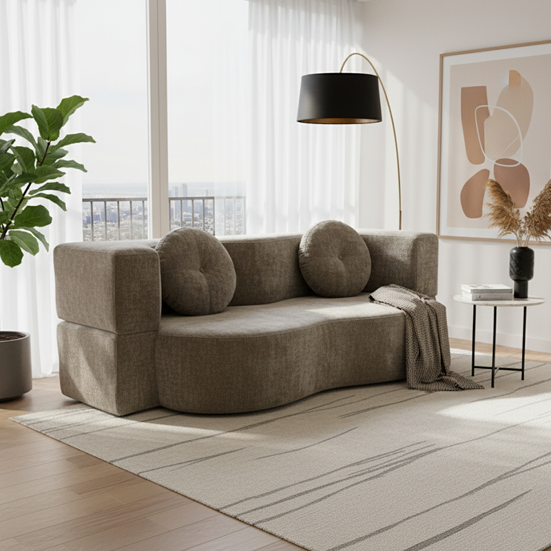 Contemporary Scandinavian Chenille Upholstery High-Resilience Foam Convertible Foldable Sofa Bed - U-Shaped Modular Compressed Loveseat Sofa For Living Room Lumendat