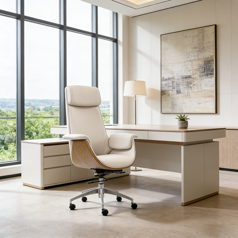Modern Executive Premium Brazilian Cowhide Leather Office Chair - Rectangular Curved High Back PU Caster Manager Desk Chair Armrest For Home Office Lumendat