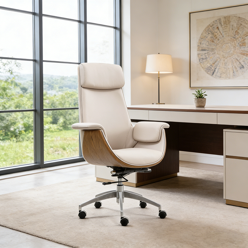 Modern Executive Premium Brazilian Cowhide Leather Office Chair - Rectangular Curved High Back PU Caster Manager Desk Chair Armrest For Home Office Lumendat