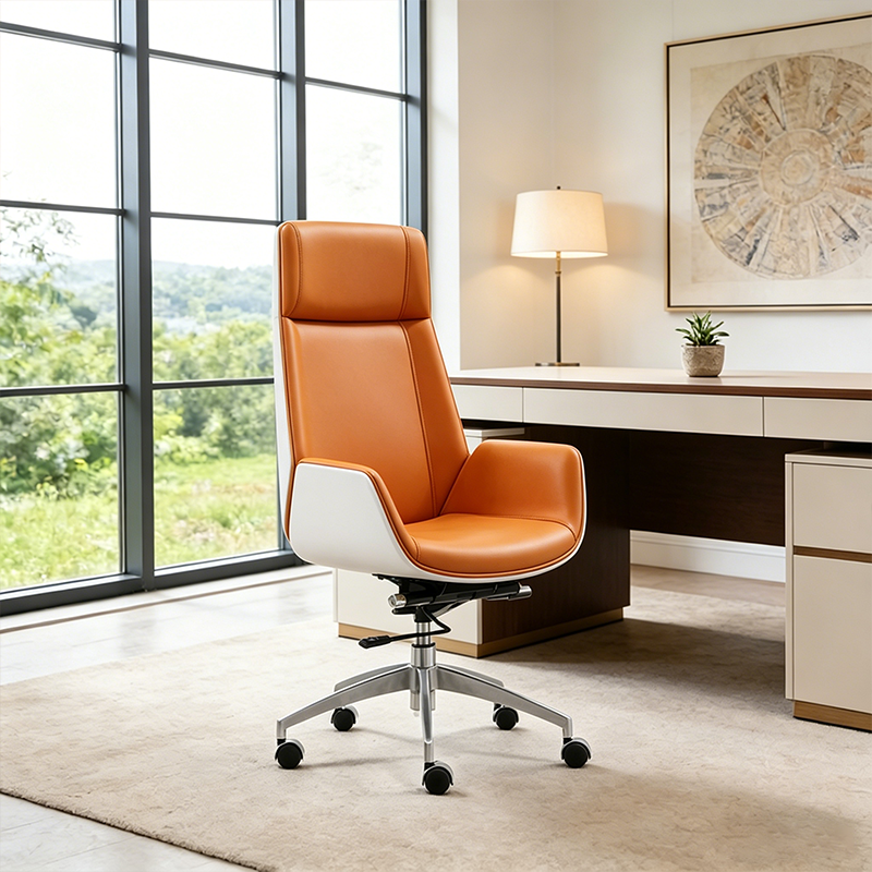 Modern Executive Premium Brazilian Cowhide Leather Office Chair - Rectangular High Back Height-Adjustable Swivel Desk Chair For Home Office Lumendat