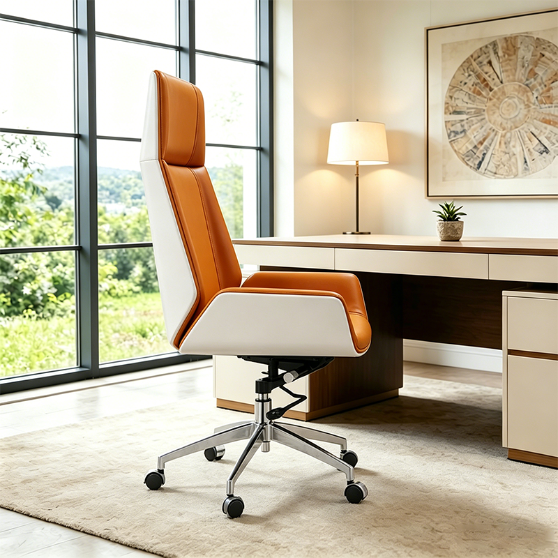 Modern Executive Premium Brazilian Cowhide Leather Office Chair - Rectangular High Back Height-Adjustable Swivel Desk Chair For Home Office Lumendat