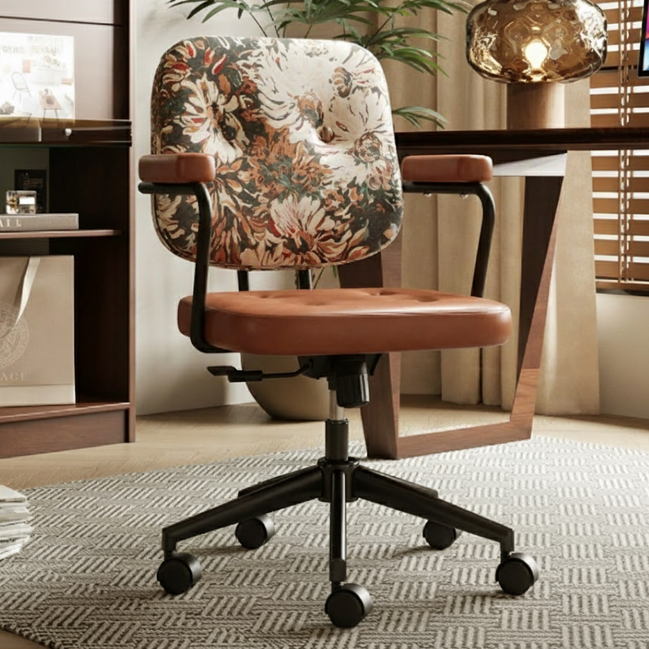 Traditional Vintage Square Top-Grain Semi-Aniline Leather Fabric Steel Height-Adjustable Swivel Desk Chair For Home Office DFM-F