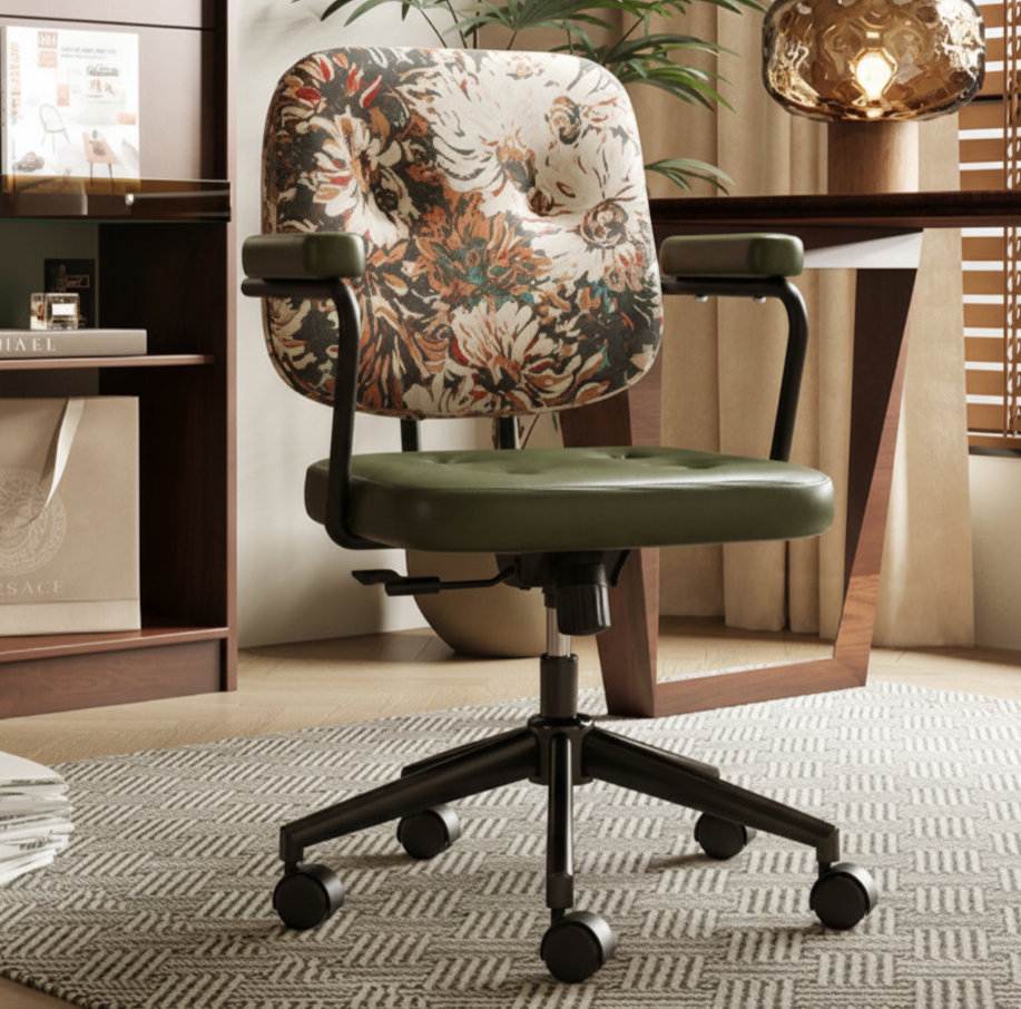 Traditional Vintage Square Top-Grain Semi-Aniline Leather Fabric Steel Height-Adjustable Swivel Desk Chair For Home Office DFM-F