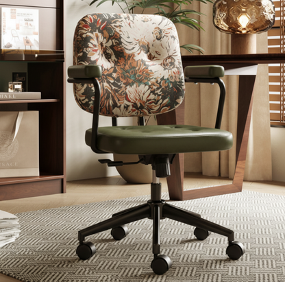 Traditional Vintage Square Top-Grain Semi-Aniline Leather Fabric Steel Height-Adjustable Swivel Desk Chair For Home Office