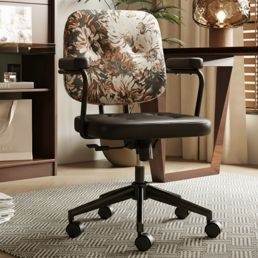 Traditional Vintage Square Top-Grain Semi-Aniline Leather Fabric Steel Height-Adjustable Swivel Desk Chair For Home Office DFM-F