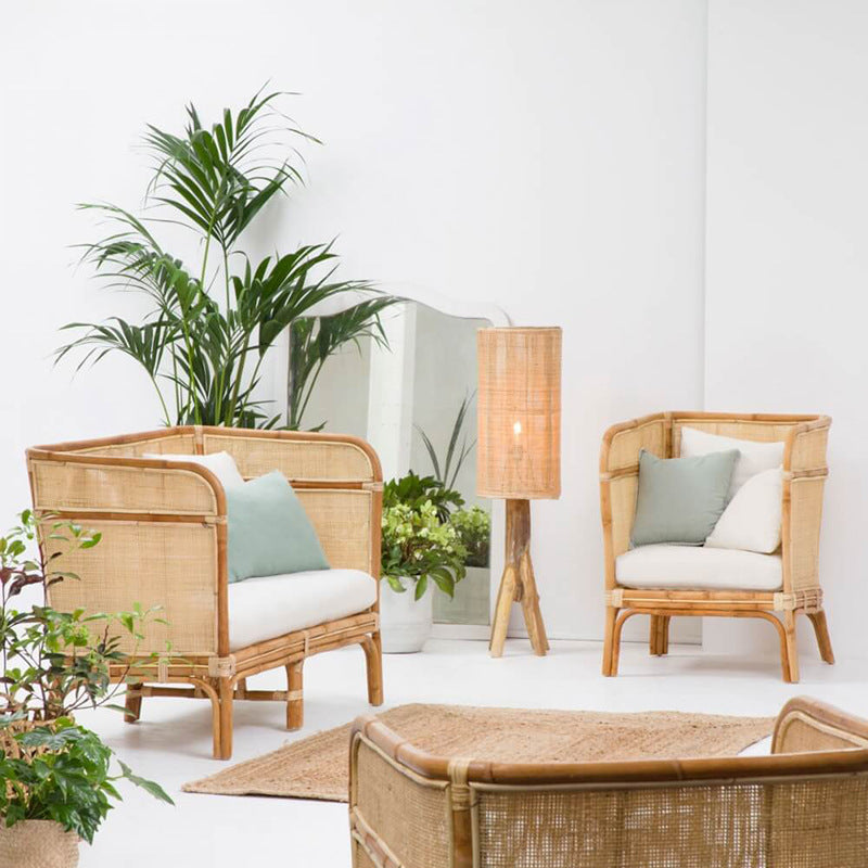 Traditional Chinese Backrest Armrest Sofa: Natural Indonesian Rattan & Handwoven - Waterproof Cushion Zen-Style Chair For Living Room Lumendat