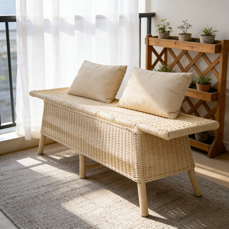 Contemporary Scandinavian Rectangular Bench: Natural Indonesian Rattan & Handwoven - Spacious Seat Shoe Bench For Living Room Lumendat
