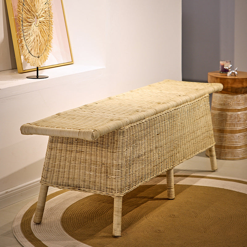 Contemporary Scandinavian Rectangular Bench: Natural Indonesian Rattan & Handwoven - Spacious Seat Shoe Bench For Living Room Lumendat