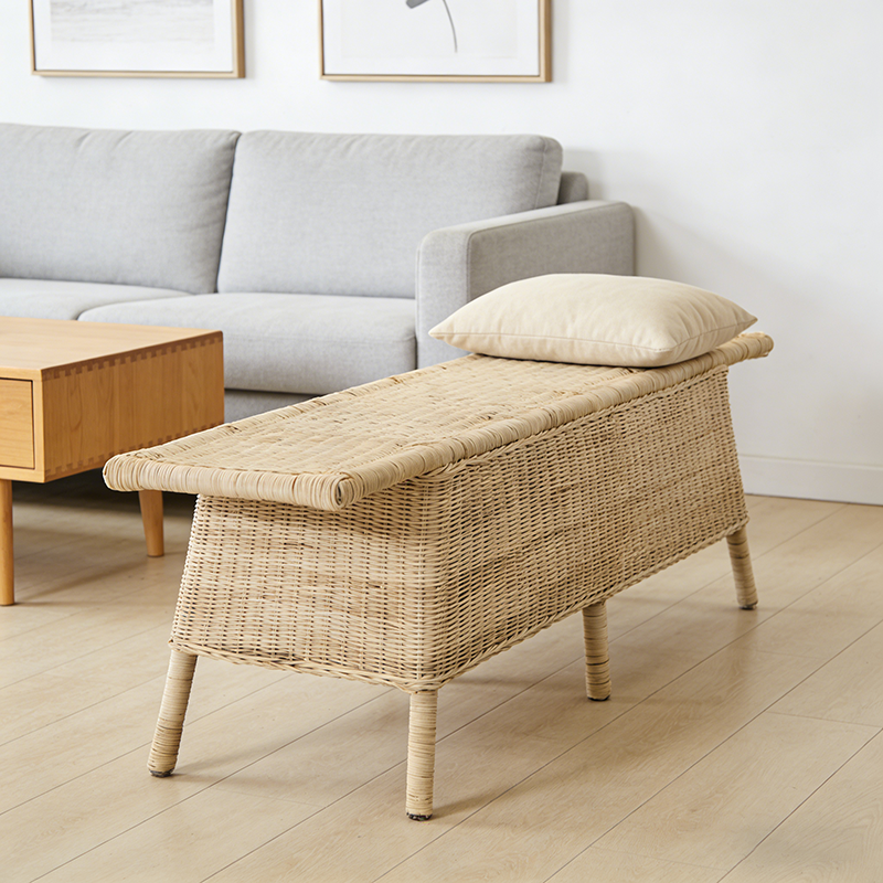 Contemporary Scandinavian Rectangular Bench: Natural Indonesian Rattan & Handwoven - Spacious Seat Shoe Bench For Living Room Lumendat