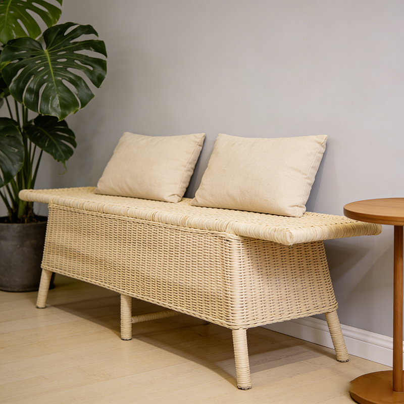 Contemporary Scandinavian Rectangular Bench: Natural Indonesian Rattan & Handwoven - Spacious Seat Shoe Bench For Living Room Lumendat