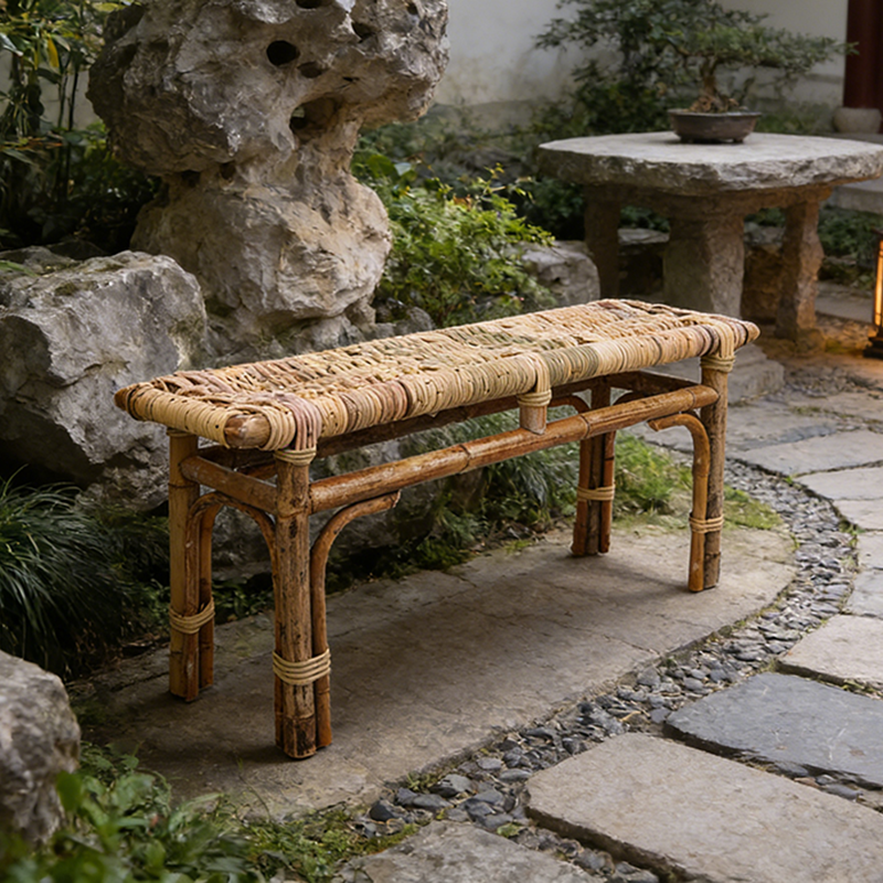 Modern Minimalist Bamboo Rattan Bench Solid Bamboo Frame & Woven Rattan: Sturdy, Lightweight, Eco-Friendly & Breathable Seating For Patio And Balcony Lumendat