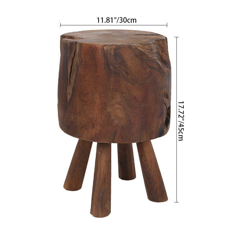 Rustic Round Solid Wood Stool - Vintage Hand-Carved Side Table: Heavy Duty, Natural Edge & Stable Flared Legs For Garden, Patio & Home Lumendat