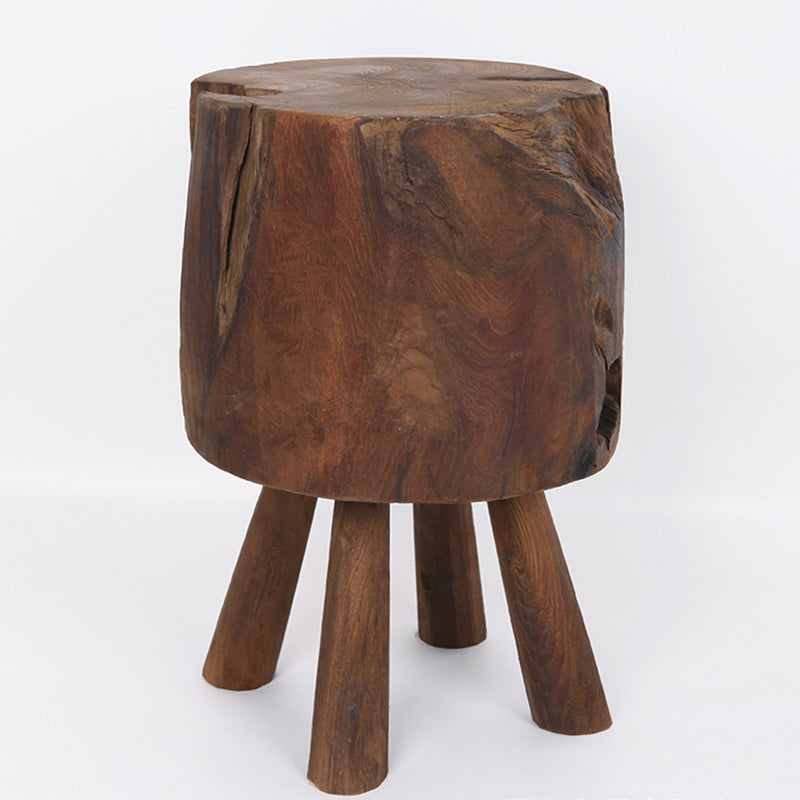 Rustic Round Solid Wood Stool - Vintage Hand-Carved Side Table: Heavy Duty, Natural Edge & Stable Flared Legs For Garden, Patio & Home Lumendat