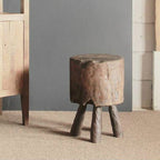 Rustic Round Solid Wood Stool - Vintage Hand-Carved Side Table: Heavy Duty, Natural Edge & Stable Flared Legs For Garden, Patio & Home Lumendat