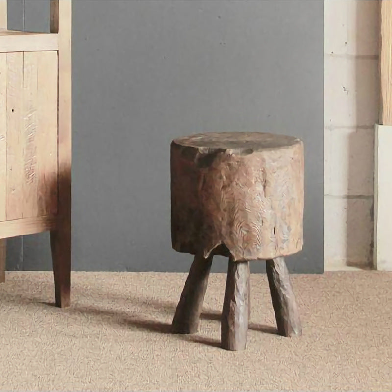Rustic Round Solid Wood Stool - Vintage Hand-Carved Side Table: Heavy Duty, Natural Edge & Stable Flared Legs For Garden, Patio & Home Lumendat