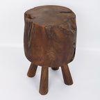 Rustic Round Solid Wood Stool - Vintage Hand-Carved Side Table: Heavy Duty, Natural Edge & Stable Flared Legs For Garden, Patio & Home Lumendat