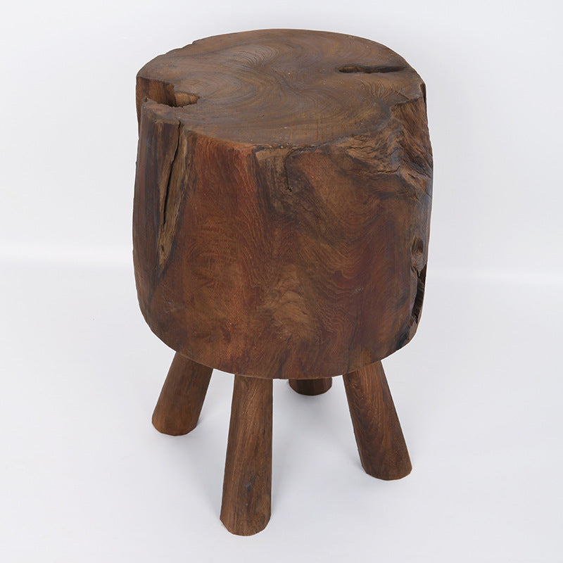 Rustic Round Solid Wood Stool - Vintage Hand-Carved Side Table: Heavy Duty, Natural Edge & Stable Flared Legs For Garden, Patio & Home Lumendat