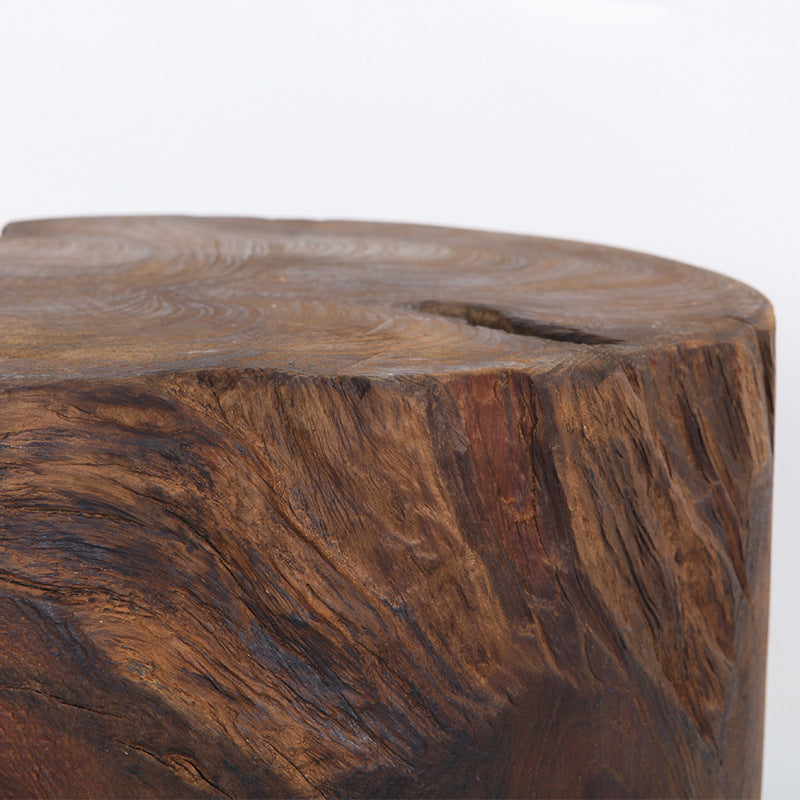 Rustic Round Solid Wood Stool - Vintage Hand-Carved Side Table: Heavy Duty, Natural Edge & Stable Flared Legs For Garden, Patio & Home Lumendat