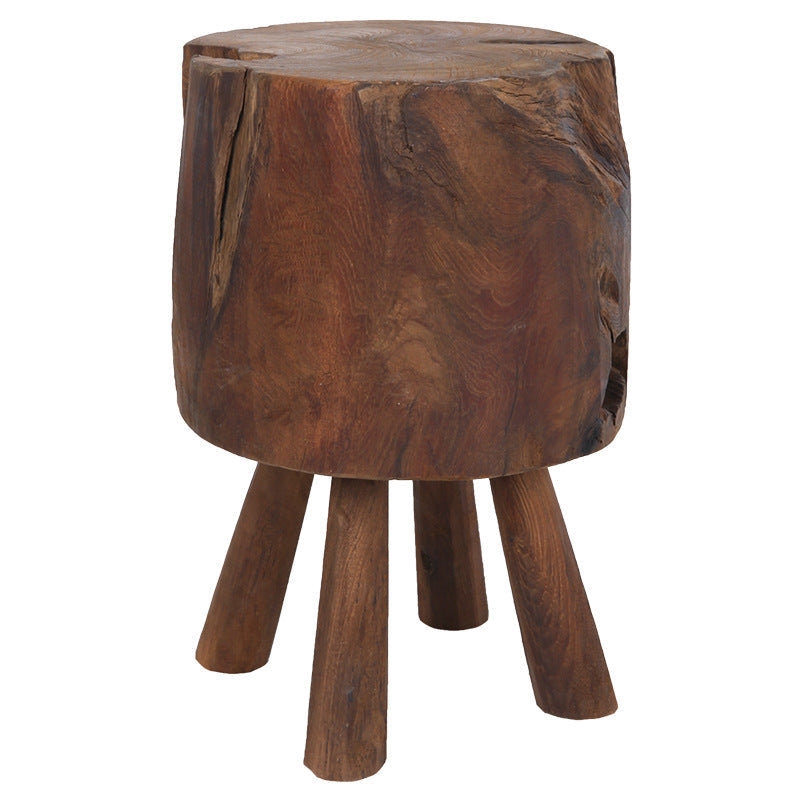 Rustic Round Solid Wood Stool - Vintage Hand-Carved Side Table: Heavy Duty, Natural Edge & Stable Flared Legs For Garden, Patio & Home Lumendat