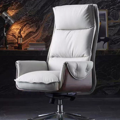Modern Luxury Genuine Leather Wood & Aluminum Rectangular Back Desk Chair With Footrest & Wheels For Study & Home Office