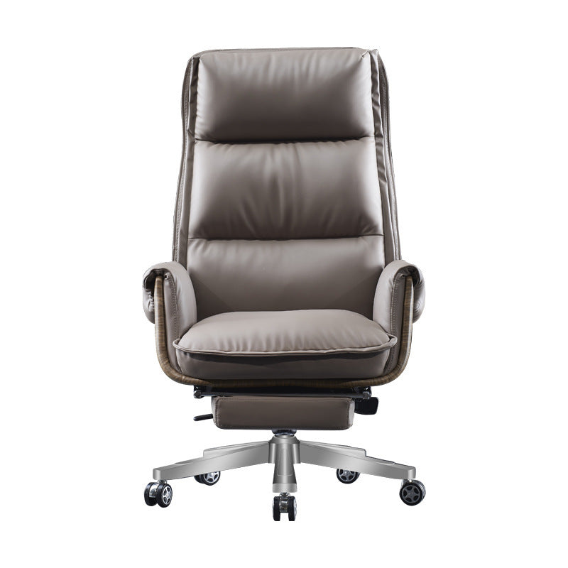 Modern Luxury Genuine Leather Wood & Aluminum Rectangular Back Desk Chair With Footrest & Wheels For Study & Home Office DFM-F
