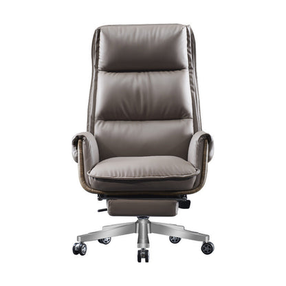 Modern Luxury Genuine Leather Wood & Aluminum Rectangular Back Desk Chair With Footrest & Wheels For Study & Home Office