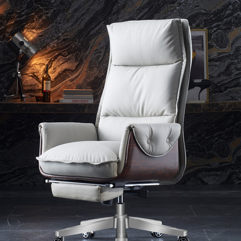 Modern Luxury Genuine Leather Wood & Aluminum Rectangular Back Desk Chair With Footrest & Wheels For Study & Home Office DFM-F