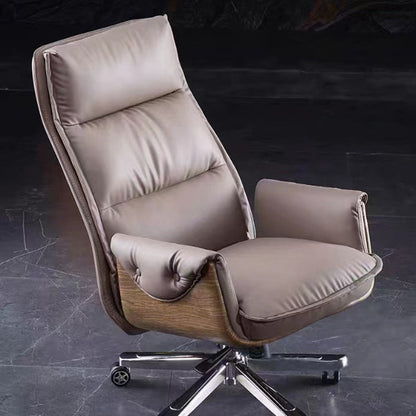 Modern Luxury Genuine Leather Wood & Aluminum Rectangular Back Desk Chair With Footrest & Wheels For Study & Home Office