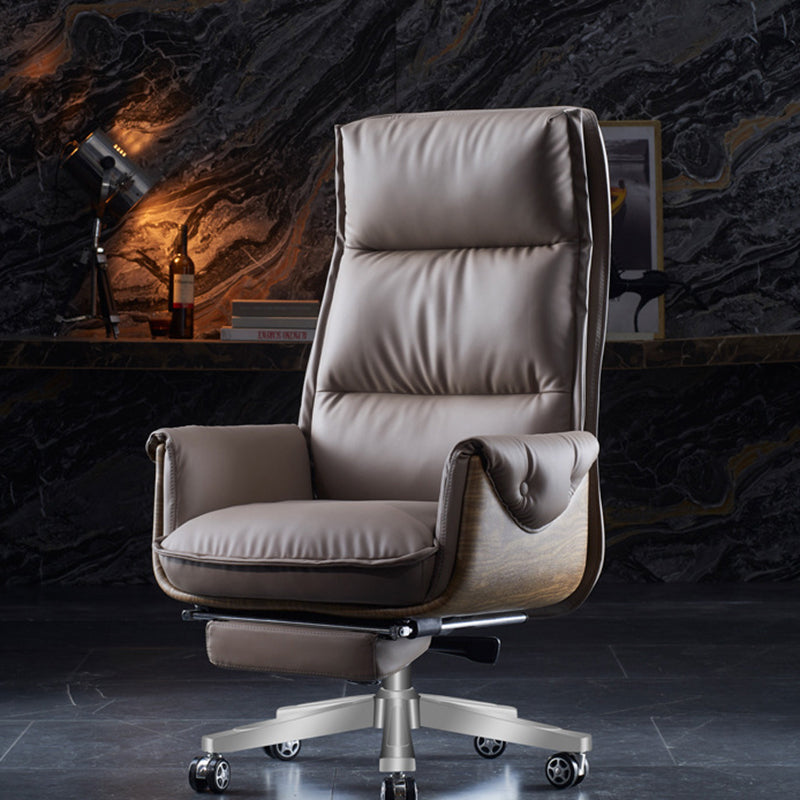 Modern Luxury Genuine Leather Wood & Aluminum Rectangular Back Desk Chair With Footrest & Wheels For Study & Home Office