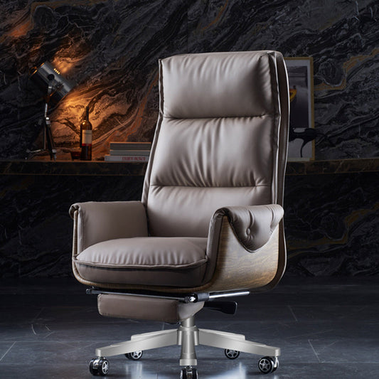 Modern Luxury Genuine Leather Wood & Aluminum Rectangular Back Desk Chair With Footrest & Wheels For Study & Home Office