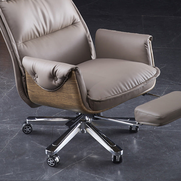 Modern Luxury Genuine Leather Wood & Aluminum Rectangular Back Desk Chair With Footrest & Wheels For Study & Home Office DFM-F