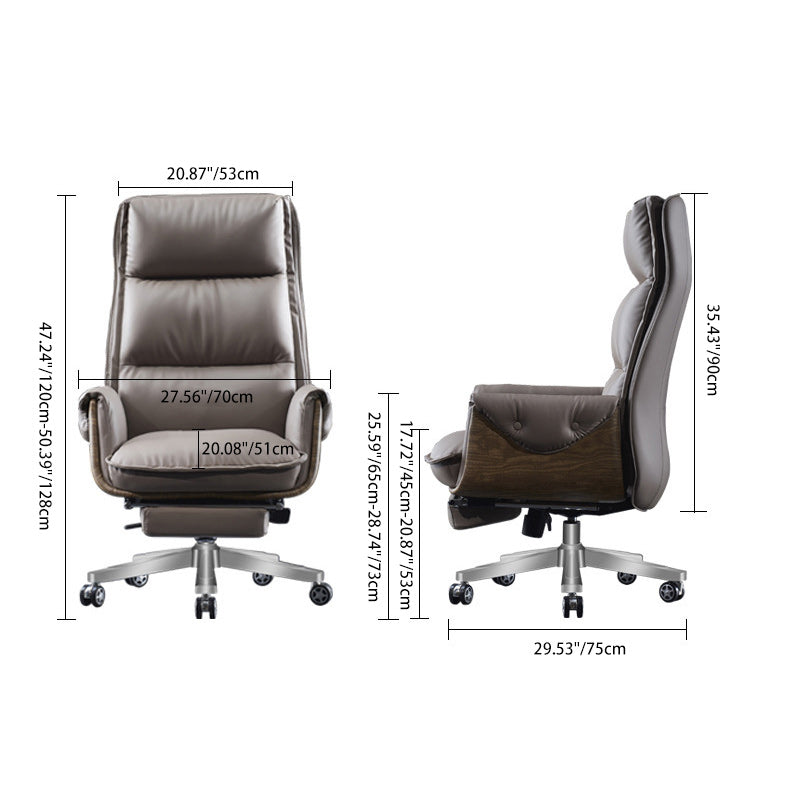 Modern Luxury Genuine Leather Wood & Aluminum Rectangular Back Desk Chair With Footrest & Wheels For Study & Home Office